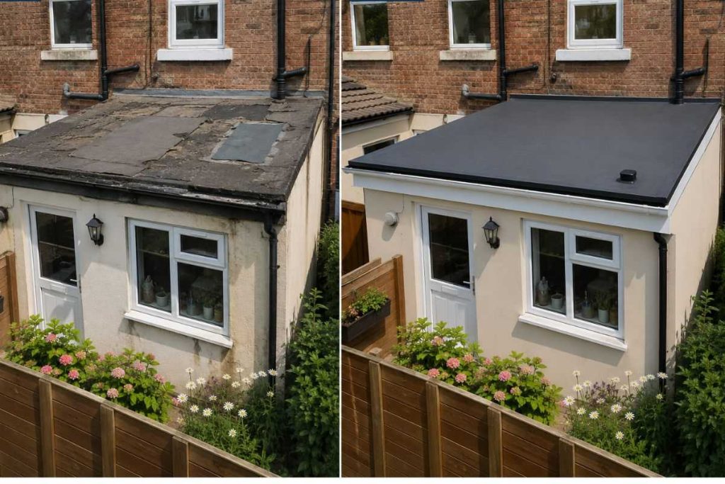 Before and after flat roof replacement