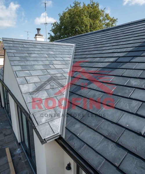Completed slate tile roof on modern residential house